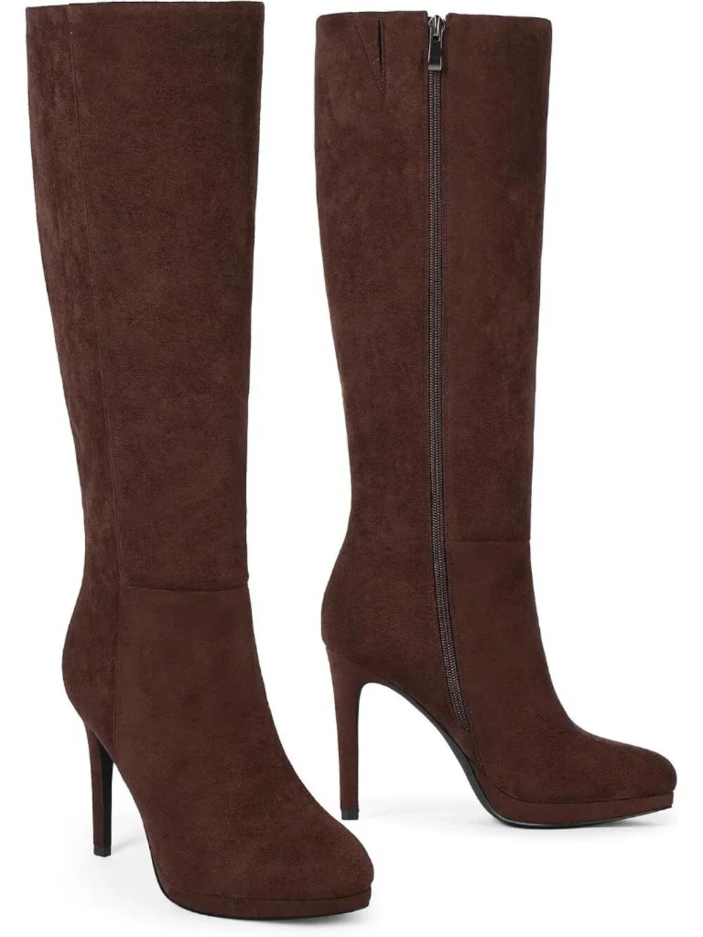 Women's Chocolate Round Toe Stiletto Heels Fall Tall Platforms Boots Side Zipper